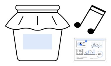 Kumaş kaplı kapaklı kavanoz, canlı müzik notaları ve gelenek, yaratıcılık ve teknoloji arasındaki dengeyi gösteren veri analizi ekranı. Sanat, veri, yaratıcılık ve strateji için ideal