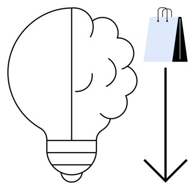 Ampul, alışveriş torbası ve aşağı doğru ok yanında beyin şekliyle birleşiyor. Yenilik, yaratıcılık, ticaret, alışveriş, iş stratejisi, tasarım, e-ticaret için ideal. Düz basit metafor