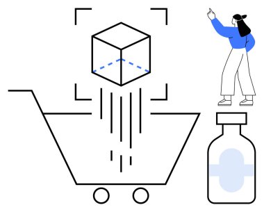 Dijital küp, alışveriş arabası, kadın jesti ve e-ticaret ve AR 'ı temsil eden şişe şeklinde tarandı. Perakende, teknoloji, yenilik, çevrimiçi alışveriş, görselleştirme, UX tasarımı için ideal