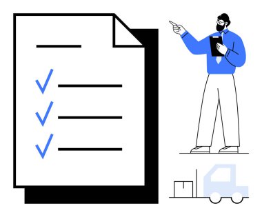 İşaretli görevleri olan kontrol listesi, pano tutan adam, teslimat kamyonu ve kutular. Proje yönetimi, lojistik, tedarik zinciri, verimlilik, görev planlaması, organizasyon dairesi için ideal