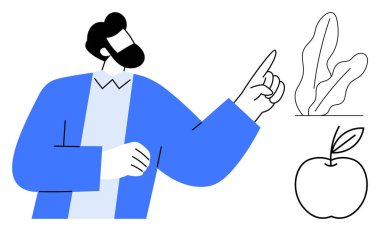 Mavi ceketli sakallı adam, soyut bitki çizimi, yanında minimalist elma çizimi. Eğitim, yaratıcılık, tasarım, sağlık, ilham, doğa kavramları için idealdir. Düz basit