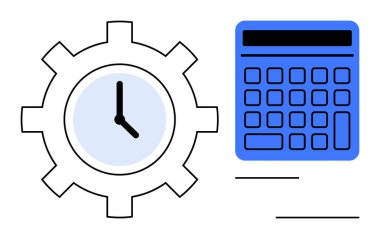 Verimlilik ve organizasyon için parlak mavi hesap makinesinin yanında saat yönetimini temsil eden bir vites. İş, planlama, üretkenlik, strateji, verimlilik, hesaplamalar, iş akışı için ideal