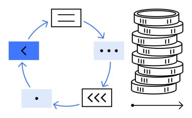 Soyut şekilleri birbirine bağlayan oklarla dairesel diyagram ve para akış döngülerini gösteren istiflenmiş paralar. Finans, büyüme, yatırım, ekonomi, süreç yönetimi, veri, düz basit metafor