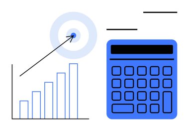 Çubuk çizelgesi yükselen eğilimler bir hesap makinesi ve hedef okla eşleştirildi. Finans, analitik, hedef belirleme, iş stratejisi, muhasebe, planlama, hassasiyet, düz basit metafor