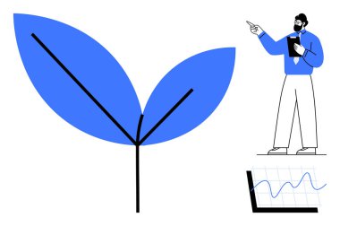 Büyük yaprak sapı, yukarı doğru eğilimli grafiği gösteren panosu olan profesyonel bir adamın yanında. Sürdürülebilirlik, büyüme, çevre dostu uygulamalar, kalkınma, liderlik, eğitim, araştırma için ideal. Düz