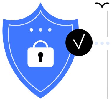 Beyaz asma kilit ve siyah işaretli mavi kalkan veri güvenliğini sağlıyor. Siber güvenlik, gizlilik, koruma, güvenlik, güven, bilişim hizmetleri, risk yönetimi için ideal. Düz basit metafor