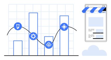 Mevsimlik simgelere sahip bar tablosu, çizgi grafik görüntüleme eğilimleri, mağaza önü web sayfası, şebeke arka planı ve bulut. Analiz, perakende, mevsimlik, e-ticaret veri içgörüsü büyüme grafiği için ideal