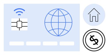 Kredi kartında çip, kablosuz ikon, dünya sembolü, ev çizgisi ve dolar parası var. Finans, bankacılık, ödemeler, online işlemler küresel ticaret tasarruf teknolojisi için idealdir. Düz basit