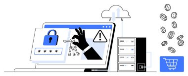 El ele tutuşmalar, şifreli dizüstü bilgisayarlar, tehlike ikonu, bulut, sunucu yığını, alışveriş arabası, bozuk paralar. Siber güvenlik, online dolandırıcılık e-ticaret güvenliği risk verilerini hacklemek için ideal