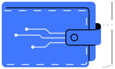 Devre çizgileri olan mavi cüzdan dijital bağlantıyı, güvenliği ve fintech yeniliğini simgeliyor. Finans, teknoloji, e-ticaret, engelleme zinciri, sanal ödeme, siber güvenlik dairesi için ideal