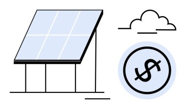 Güneş paneli yenilenebilir enerji üretiyor, bulutlar temiz enerji kaynağını vurguluyor, dolar işareti finansal tasarrufu simgeliyor. Enerji, çevre, teknoloji, finans, sürdürülebilirlik için ideal