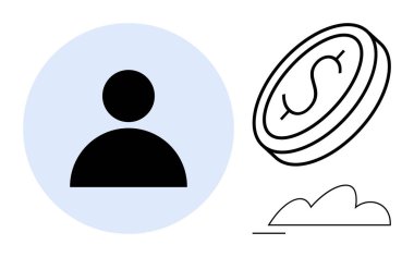 Basit bir kullanıcı profili simgesi bulutun üzerinde uçan bir dolar ile eşleştirilmiş, finansal fırsatları, dijital kimliği ve kazancı sembolize ediyor. Finans, teknoloji, başarı ve uygulama tasarımı için ideal