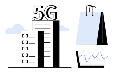 5G etiketli gökdelen, alışveriş çantası ve modern iletişim, iş büyümesi, çevrimiçi alışveriş ve veri eğilimlerini gösteren veri tablosu. Teknoloji, perakende, finansal yenilik için ideal