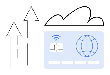 Yükselen oklar ve bulut grafiğinin yanında çip ve dünya ikonu olan kredi kartı. Teknoloji, finans, dijital dönüşüm, küresel iş, bulut hesaplama, fintech, e-ticaret için ideal. Düz basit