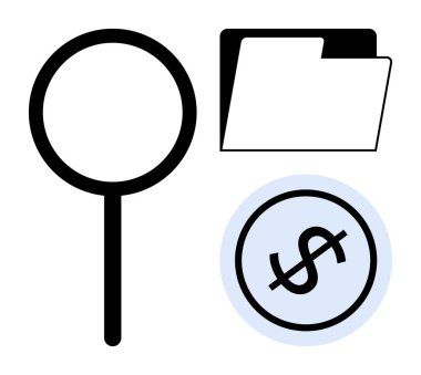 Büyüteç, dosya klasörü ve madeni para araştırma, organizasyon ve zenginliği işaret ediyor. Finans, denetim, bütçe odaklı arama analizi ekonomisi için idealdir. Düz basit metafor