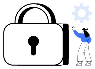 Güvenliği sembolize eden büyük bir asma kilit, özelleştirme için vites gösteren bir kişi. Siber güvenlik, veri, erişim, mahremiyet, yapılandırma, güvenlik kontrolü için ideal. Düz basit metafor