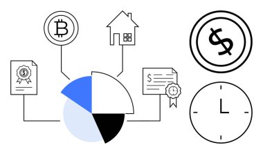 Kripto para birimini bağlayan pasta şeması, emlak, sözleşmeler ve basit çizgi simgeleriyle zaman. Mali planlama, yatırım, ekonomi, veri analizi, varlık yönetimi saat değeri için ideal
