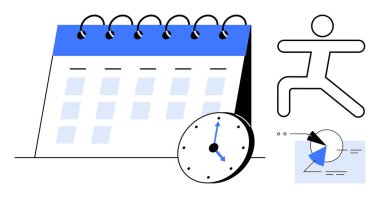 Saat, çalışma şekli ve pasta grafiği öğeleri ile takvim planlama, hedef belirleme ve zaman yönetimi. Üretkenlik, fitness hedefleri, spor planlama, organizasyon zamanı izleme için ideal