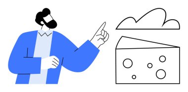 Mavi ceketli bir adam delikleri ve soyut bulut şekilli peynirlere doğru hareket ediyor. Yaratıcılık, yenilik, beyin fırtınası, kavramsal düşünce, gıda endüstrisi, tasarım sanayisi için ideal, düz basit