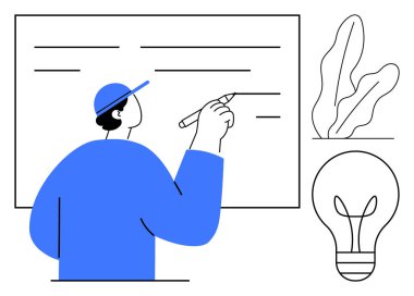 Tahtaya yazı yazan bir insanın minimalist çizimlerine bir ampul ve bitki eşlik ediyor. Yaratıcılık, beyin fırtınası, yenilik, eğitim, ilham, tasarım düşünme büyümesi için idealdir. Düz basit
