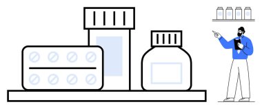 Haplar, eczane envanterini inceleyen eczacının olduğu raflarda ilaç şişeleri. Sağlık, eczane, ilaç, uyuşturucu, envanter yönetimi, güvenlik eğitimi için ideal. Düz basit