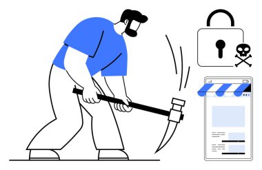 Güvenli sistem simgelerinin yanında kazma kullanan adam, kafataslı asma kilit ve tarayıcı düzeni. Siber güvenlik, hackleme, siber suç, dijital tehditler, çevrimiçi güvenlik verileri tetikte olmak için idealdir. Düz