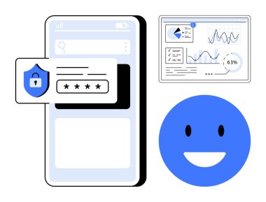 Smartphone UI parola kalkanı, analitik gösterge paneli ve gülen yüz sergiler. Teknoloji, siber güvenlik, mobil uygulamalar, veri analizi, kullanıcı mahremiyeti işi için ideal. Düz basit metafor
