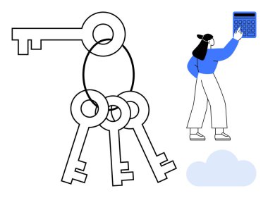 Üç tuşlu büyük bir anahtarlık, bir bulut ve hesap makinesine basan bir kadın. Güvenlik, şifreleme, çözümler, karar verme, anahtar erişim veri deposu için ideal. Düz basit metafor