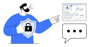 Kalkanı kilitli tutan kişi, gösterge panelindeki veri eğilimlerine bakıyor. Siber güvenlik, veri koruması, risk analizi, dijital güvenlik, teknoloji, şifreleme için ideal. Düz basit