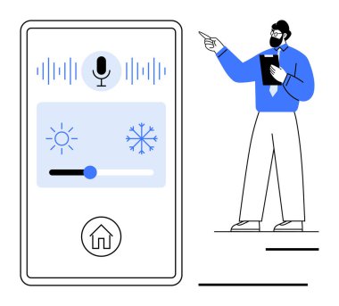 Mikrofon simgesiyle sıcaklık kontrolü için mobil uygulama arayüzü. Profesyonel sunum özellikleri. Teknoloji için ideal, yenilik, akıllı ev, otomasyon, öğretim, enerji verimliliği, düz basit