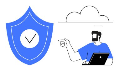 Sakallı ve dizüstü bilgisayarlı bir adam bulutu işaret ediyor. Üzerinde işaret olan büyük mavi bir kalkan güvenliği temsil ediyor. Teknoloji hizmetleri, veri koruması, bulut hesaplama, bilişim desteği, çevrimiçi güvenlik ve güvenlik için ideal