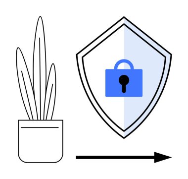 Mavi kilitli ve sağa bakan oklu bir saksı bitkisi. Siber güvenlik, koruma, büyüme, yön, güvenlik, ilerleme ve teknoloji temaları için ideal. Güvenlik ve ileriyi temsil eder