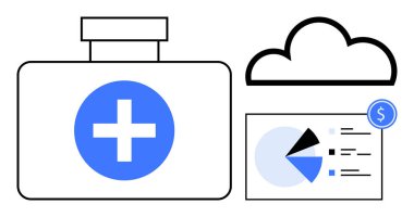 Bulut simgesinin yanında bir haç ve turta grafiği ve dolar işareti içeren finansal veri tablosu olan ilk yardım çantası. Sağlık teknolojisi, veri analizi, tıbbi finansman, bulut depolama, sağlık hizmetleri için ideal