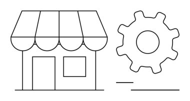 Basit bir dükkan binası, girişimciliği, verimliliği ve yeniliği sembolize eden bir vites ile eşleştirilir. İş yönetimi, perakende satış, verimlilik, teknoloji, işlem otomasyonu, e-ticaret dairesi için ideal