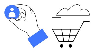 Bulutlu alışveriş arabasının yanında el ele tutuşan mavi profil kartı e-ticareti, kişiselleştirmeyi, bulut hizmetlerini simgeliyor. Perakende, pazarlama, kullanıcı yönetimi, teknoloji, çevrimiçi alışveriş için ideal