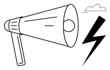 Projeksiyon ve etkiyi vurgulayan megafon, enerjiyi ve etkinliği sembolize eden şimşek, bağlantı veya düşünceyi öneren bulut. Liderlik, pazarlama, sosyal yardım, güçlendirme için ideal