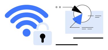 Kablosuz sinyal, güvenlik sembolü, analitik elementli veri grafikleri. Siber güvenlik, iletişim, veri gizliliği, kablosuz ağlar, teknoloji trendleri, araştırma dairesi için ideal