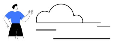 Gayri resmi kıyafetli biri bulutları parlak yatay çizgilerle göstererek bulut teknolojisi, bağlantı, veri, gelecek görüşü fikirlerini aktarıyor. Yenilik için ideal, takım çalışması, bulut hesaplama