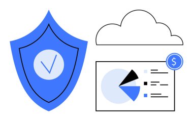 Kontrol işaretli kalkan, bulut taslak ve pasta grafiği analizleri veri güvenliğini, bulut hesaplamasını, finansal yönetimi, iş analizini ve düz bir metaforda güvenli depolamayı temsil eder. İdeal