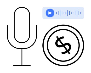 Çalma düğmeli mikrofon, ses dalgası ve dolar simgesi podcast, gelir ve ses teknolojisi temaları öneriyor. Medya, teknoloji, finans, yaratıcılık, ticari yayın dijital için ideal