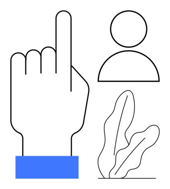 Soyut insan figürü ve bitkinin yanında el hareketi. İletişim, liderlik, rehberlik, seçim, karar verme, büyüme için ideal. Düz basit metafor