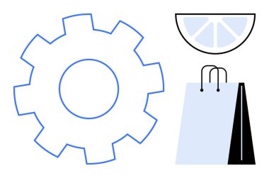 Alışveriş torbası ve limon diliminin yanında vites, endüstriyel süreçlerle tüketici yaşamı ve tazeliği birleştiriyor. İş, yenilik, perakende, imalat, yaşam tarzı, üretkenlik ve strateji için ideal