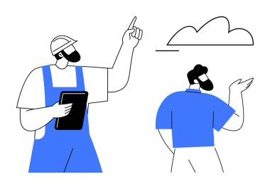 İşçi kask takıyor ve meslektaşı izlerken tableti yukarı doğru tutuyor. İşbirliği, takım çalışması, bulut hesaplama, inşaat, teknoloji, proje yönetimi ve yenilik için ideal. Düz