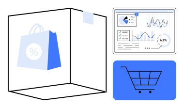 Alışveriş çantası ve el arabası analitik gösterge paneliyle eşleştirildi. Grafikler, trendler, anahtar kavrayışlar gösteriliyor. Pazarlama, e-ticaret, perakende stratejisi, satış analizi, çevrimiçi alışveriş, iş büyümesi için ideal