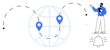 Yer işaretleyicili dünya, belgeyi gösteren sunucu, uyarı zili. Küresel iletişim, konum izleme, proje yönetimi, bildirimler, dijital sunumlar için ideal