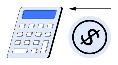 Bir dolar işareti simgesi ve okun yanında mali değerlendirme, bütçe ve maliyet analizini gösteren bir hesap makinesi. Finans, muhasebe, ekonomi, planlama, tasarruf vergisi işleri için idealdir. Düz basit