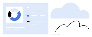 Pasta grafiği, ölçüler ve bulut grafiğiyle eşleştirilmiş metin paneli. Veri analizi, raporlama, bulut hesaplama, iş analizleri, bilgi depolama, dijital çözümler için ideal basit