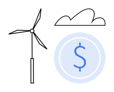 Rüzgar türbini, bulut ve yuvarlak dolar işareti yenilenebilir enerjiyi, çevresel sorumluluğu ve ekonomik faydaları simgeliyor. Sürdürülebilirlik, finans ve çevre dostu teknoloji için ideal