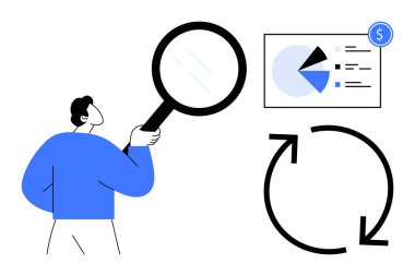 Pasta grafiği ve verileri incelemek için büyüteç kullanan kişi, yineleme döngüsü için döngü grafiği kullanıyor. Veri analizi, finans, araştırma, strateji, süreç iyileştirme, izleme, düz basit