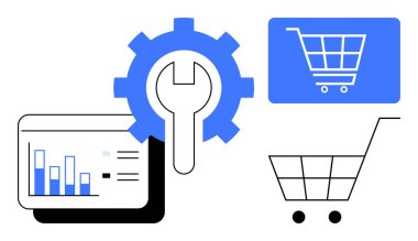 Vites ve anahtar gelişmeyi, alışveriş arabasının işaretleri çevrimiçi alışverişi ve grafiği de veri analizini simgeliyor. E-ticaret, iş, perakende, dijital büyüme, performans, ölçüler için ideal